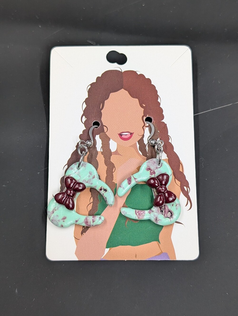 Mint Green Earrings with Burgundy Bow Accent - Women Accessories